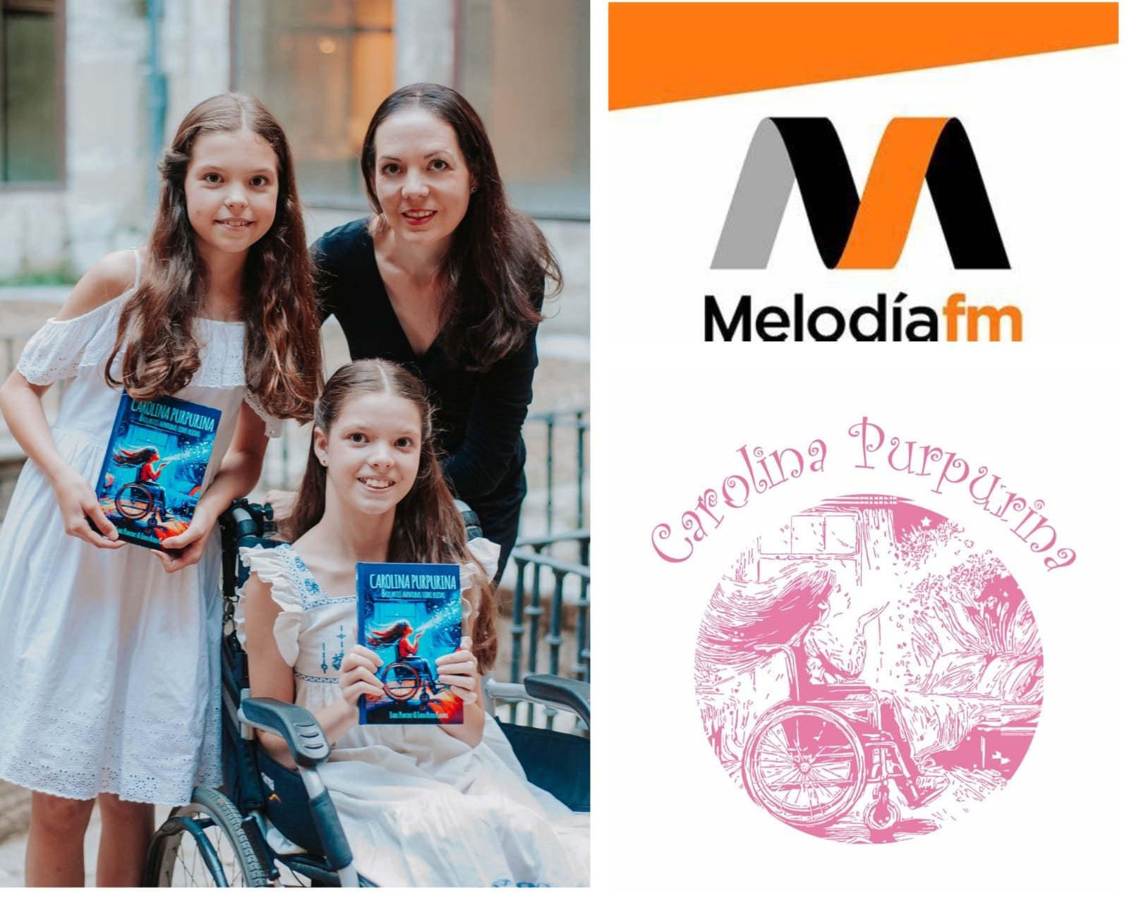 Montage : deux filles, dont une en fauteuil roulant, montrent le livre auprès d’une femme, à côté du logo de Melodía fm.