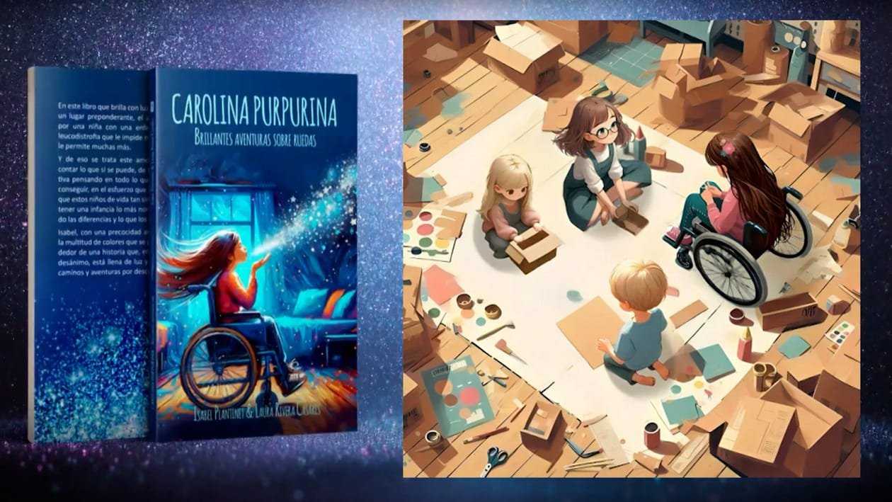 Écran de télévision : couverture de « Carolina Purpurina » et illustration d’enfants jouant, l’un en fauteuil roulant.