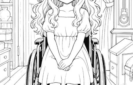 Dessin à colorier : Carolina, en fauteuil roulant et en robe de fête, près d’une horloge comtoise.
