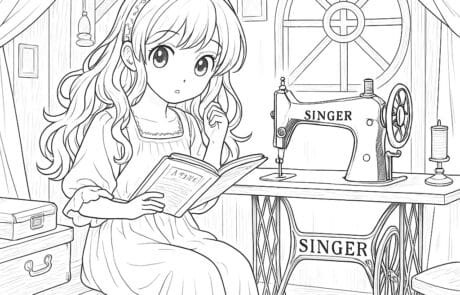 Dessin à colorier : Carolina lit un livre dans le grenier, près d’une vieille machine à coudre.