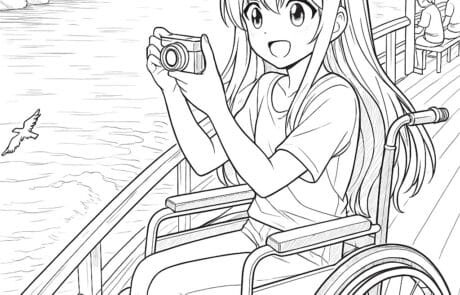 Dessin à colorier : Carolina prend une photo avec son appareil depuis le ponton, une mouette au loin.