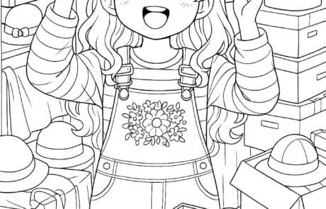 Dessin à colorier : María essaie un chapeau à fleurs dans un grenier plein de boîtes à chapeaux.