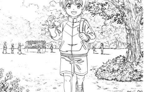 Dessin à colorier : Juanma court dans le parc avec son sac à dos, un but de football au fond.