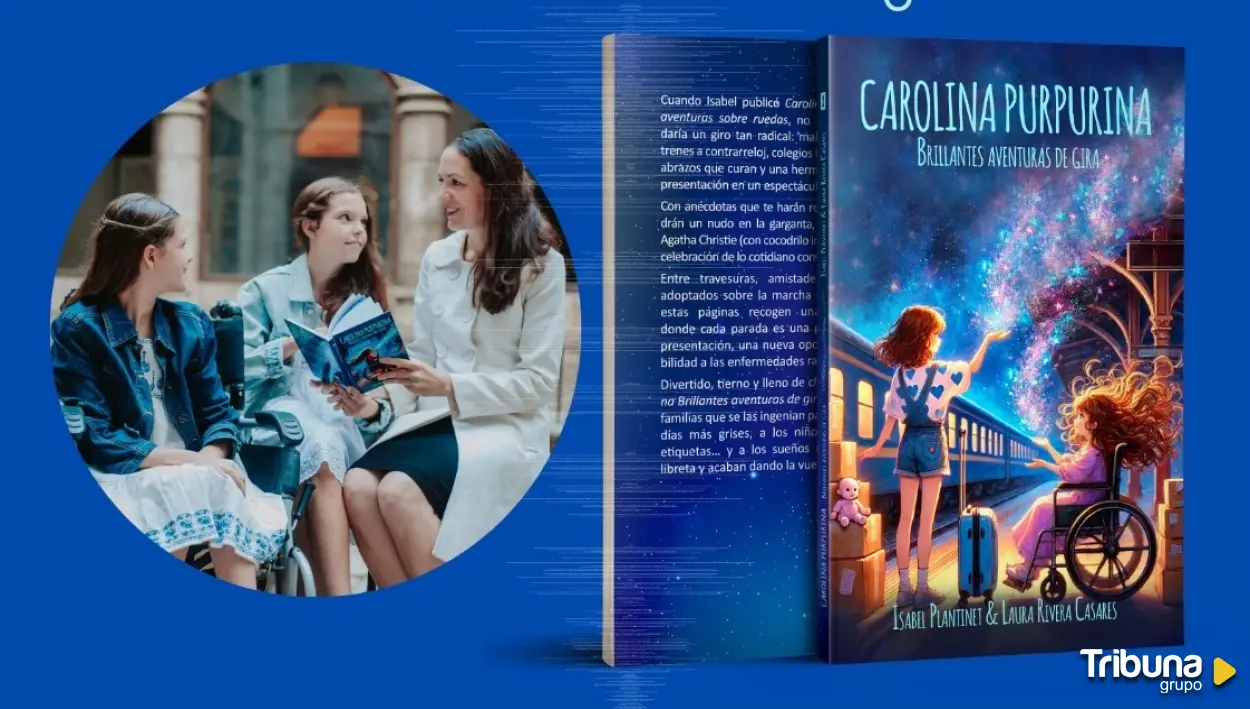 Montage du livre « Brillantes aventuras de gira » et d’une photo d’une femme et deux fillettes le lisant, l’une en fauteuil roulant.