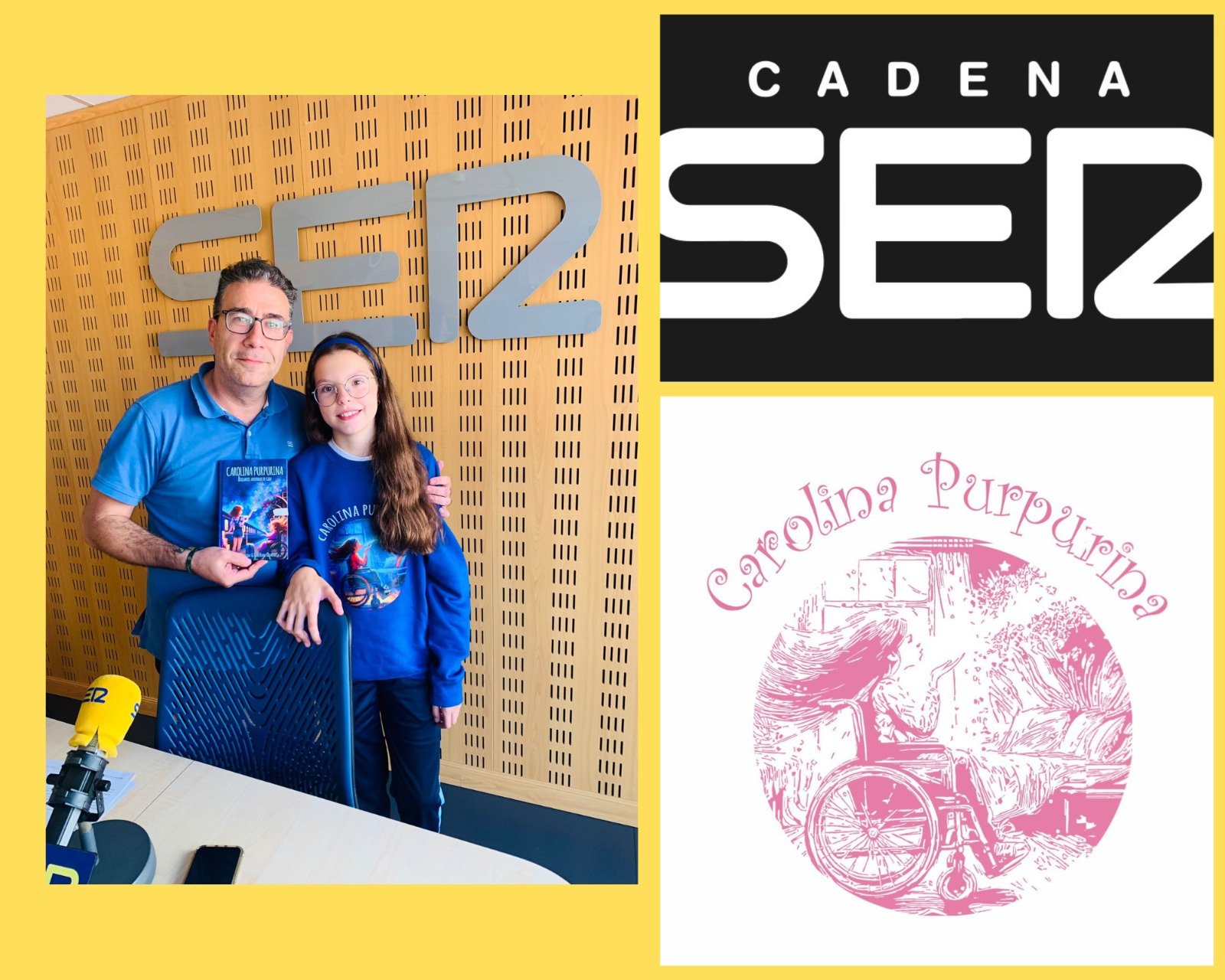 Isabel, en sweat à l’effigie du livre, dans le studio de la Cadena SER, à côté d’un homme qui tient « Carolina Purpurina ».