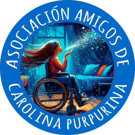 Logo de la Asociación Amigos de Carolina Purpurina: una niña en silla de ruedas sopla purpurina en una habitación azul noche.