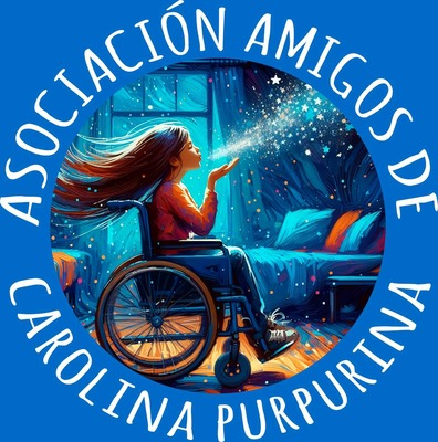 Logo de l'Association Amigos de Carolina Purpurina : une jeune fille en fauteuil roulant souffle une poignée de paillettes.