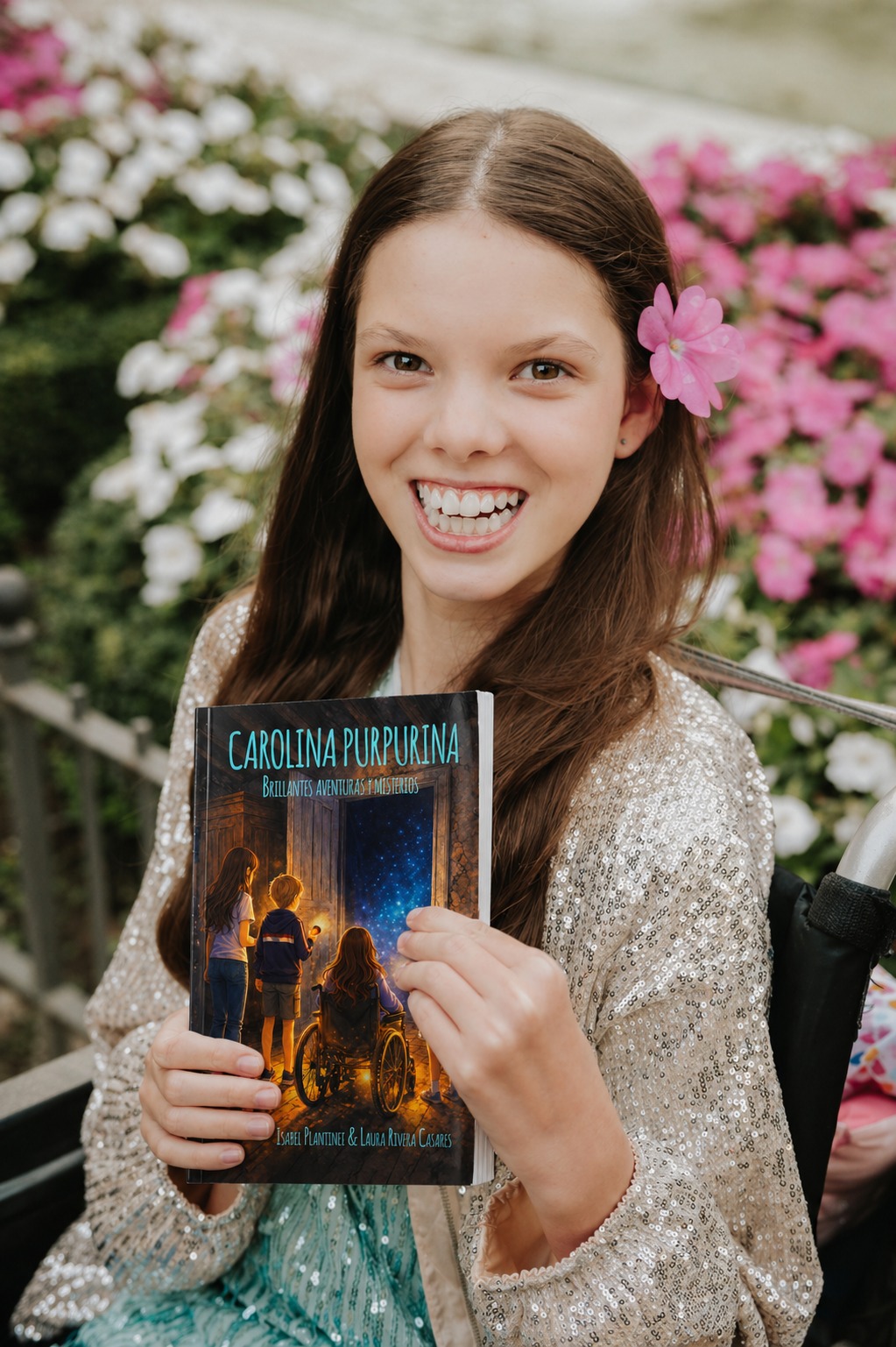 Isabel tient « Carolina Purpurina. Brillantes aventuras y misterios » devant un massif de fleurs.