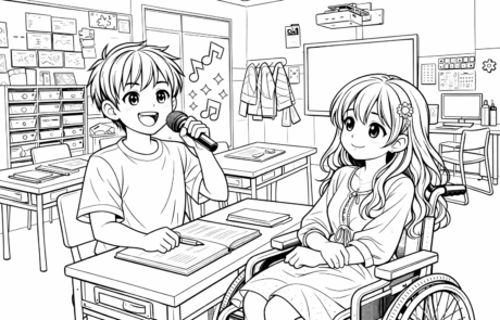 Dessin à colorier : en classe, un garçon chante au micro à côté de Carolina, assise dans son fauteuil roulant.