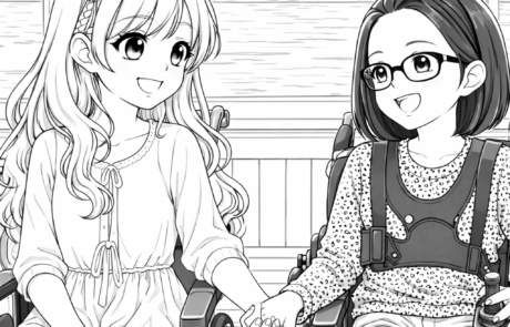 Dessin à colorier : Carolina et une amie à lunettes, toutes deux en fauteuil roulant, se donnent la main devant une grande baie vitrée.