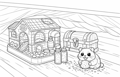 Dessin à colorier : un hamster grignote un biscuit à côté de sa maisonnette et d’un coffre au trésor.