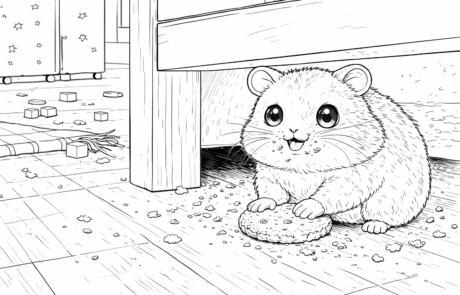 Dessin à colorier : un hamster pointe le nez sous le lit, un biscuit entre les pattes.