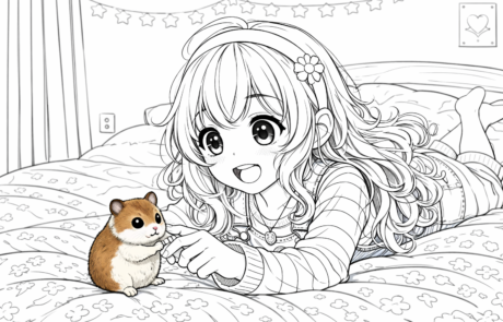 Dessin à colorier : une fillette allongée sur son lit joue avec un hamster brun.
