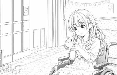 Dessin à colorier : Carolina, dans son fauteuil roulant, tient un hamster dans ses mains, dans sa chambre.
