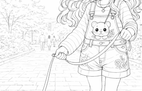 Dessin à colorier : une fillette en salopette promène un hamster en laisse dans un parc.