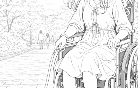Dessin à colorier : Carolina, dans son fauteuil roulant, promène un hamster en laisse dans un parc.