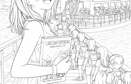 Dessin à colorier : une fillette tient un livre de Carolina Purpurina sur un embarcadère, pendant qu’un groupe d’enfants monte à bord d’un bateau.