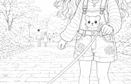 Dessin à colorier : une fillette en rollers promène un hamster en laisse dans un parc.